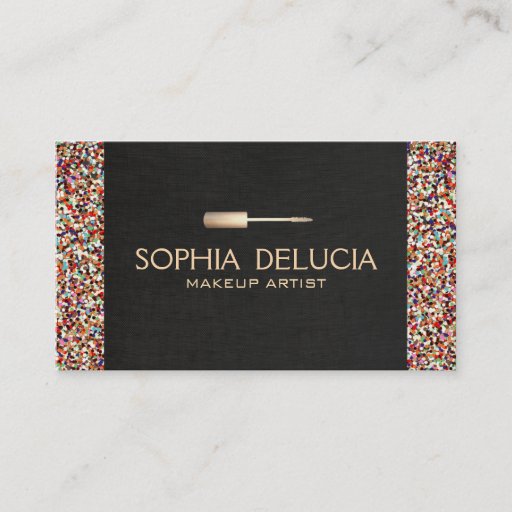 Customizable Makeup Artist Black Linen, Gold Foil &amp; Glitter Business Card Templates