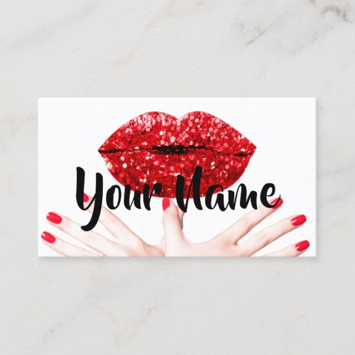 Makeup Artist Black Red Kiss Lips White Nails Business Card