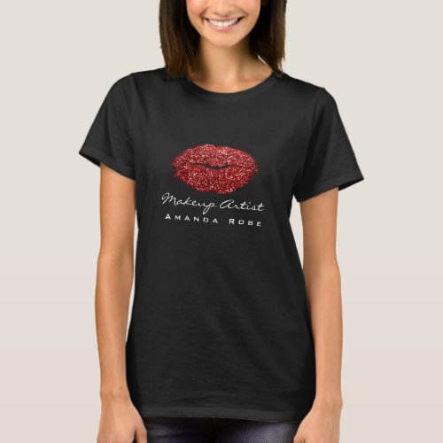 Makeup Artist Black  White Kiss Lips Red Glitter T_Shirt