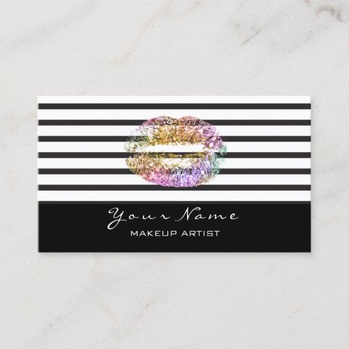 Makeup Artist Black White Stripes Lips Gold Pink Business Card