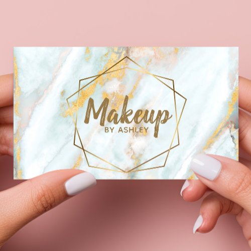 Makeup Artist Blue Gold Marble Geometric Terrarium Business Card