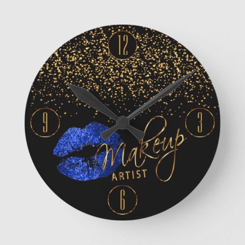 Makeup Artist Blue Lips and Gold Confetti Round Clock