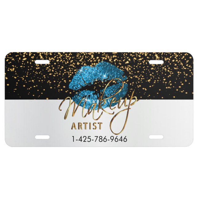 Makeup Artist Blue Turquoise Glitter License Plate (Front)