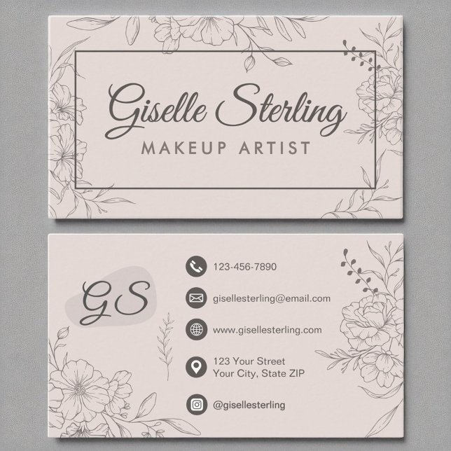 Makeup Artist Blush Pink Floral Line Art Script Business Card (Creator Uploaded)