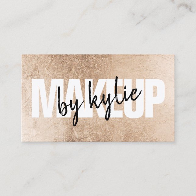 Makeup artist bold signature script rose gold foil business card (Front)