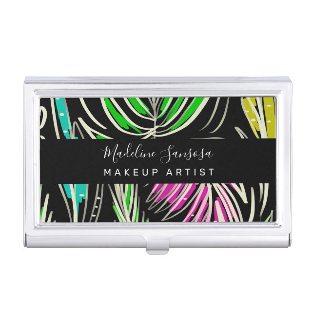 Makeup Artist Bright Jungle Doodles Black Business Card Case (Front)