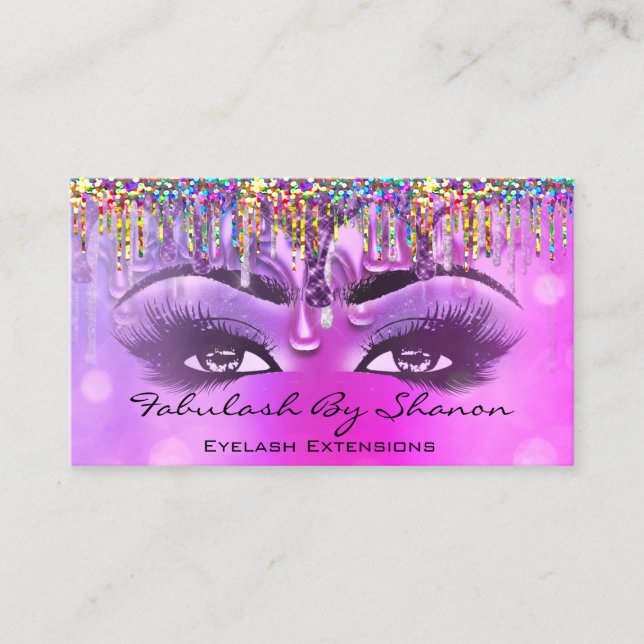 Makeup Artist Brow Eyelash Pink  Drips Holograph Business Card (Front)