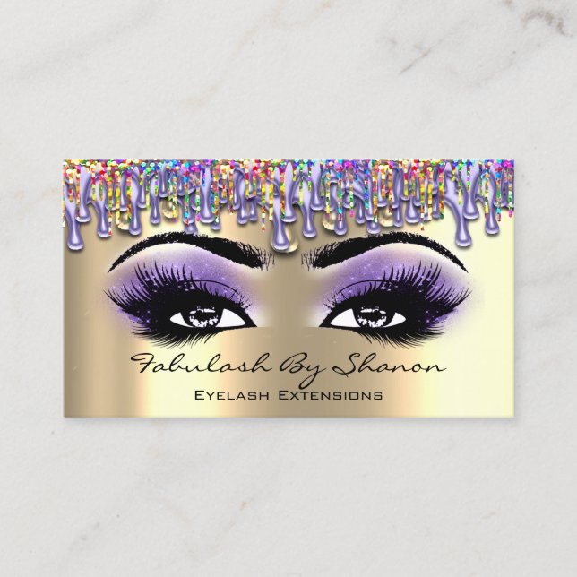 Makeup Artist Brow Eyelash Purple Drips Rainbow Business Card (Front)