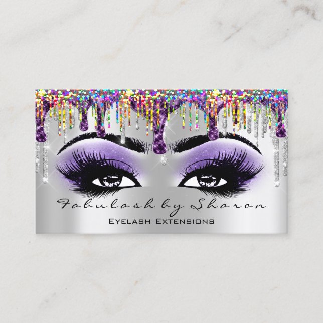 Makeup Artist Brow Eyelash Silver Purple Holograph Business Card (Front)