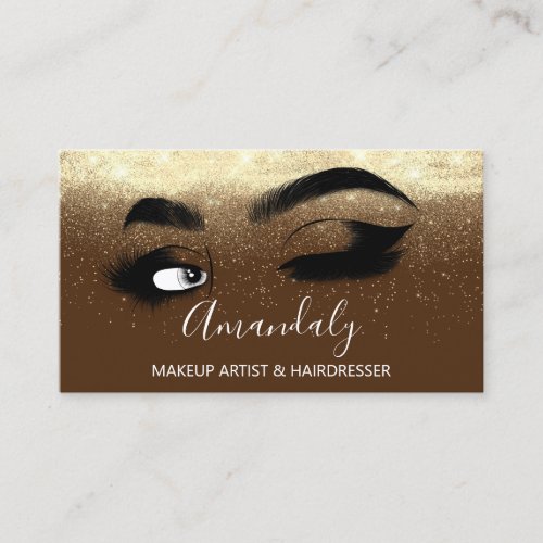 Makeup Artist Brows Eyelashes Confetti Gold Brown Business Card