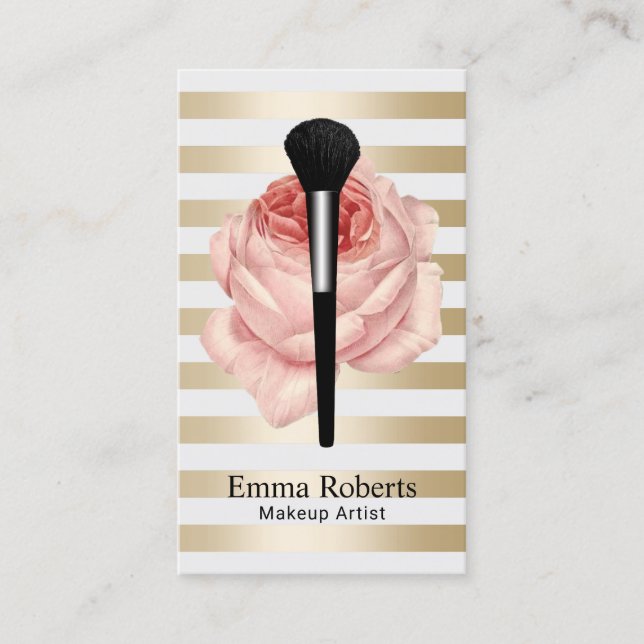 Makeup Artist Brush & Rose Modern Gold Stripes Business Card (Front)
