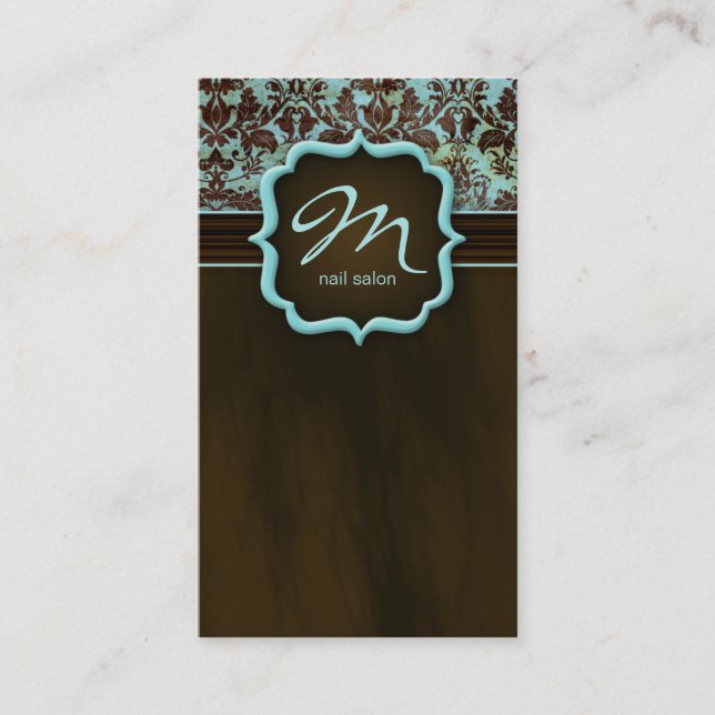 Makeup Artist Business Card Damask Blue Brown (Front)