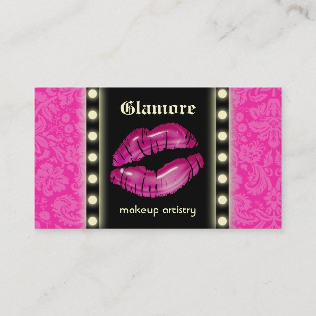 Makeup Artist Business Card LIghts Pink Lips Black (Front)