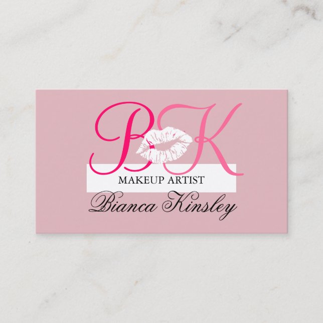 Makeup Artist Business Card Pink Initial Monogram (Front)
