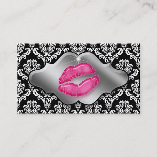 Makeup Artist Business Cards Pink Lips Damask Silv