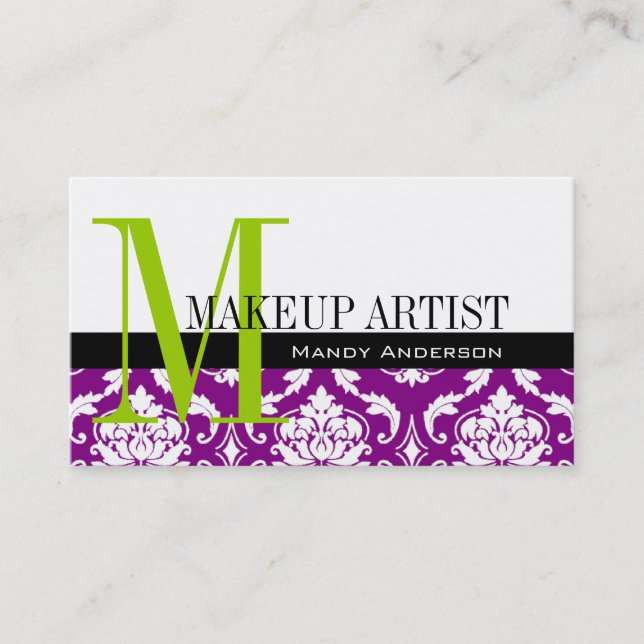Makeup Artist Business Cards Purple Damask (Front)