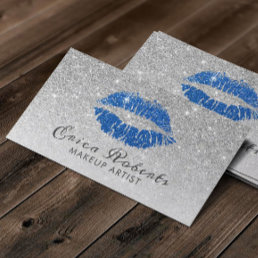 Makeup Artist Chic Blue Lips Modern Silver Glitter Business Card