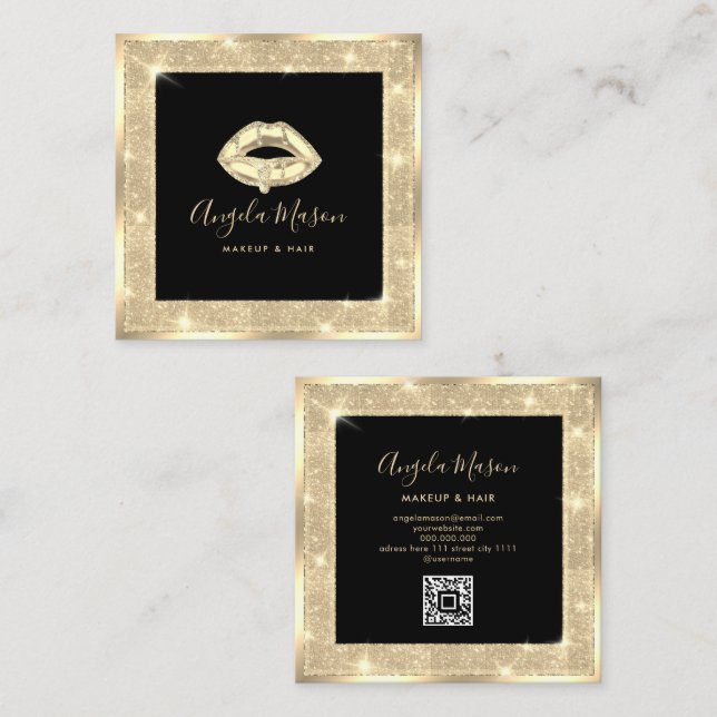 Makeup Artist Chic Salon QR Code Black Gold Unique Square Business Card (Front/Back)