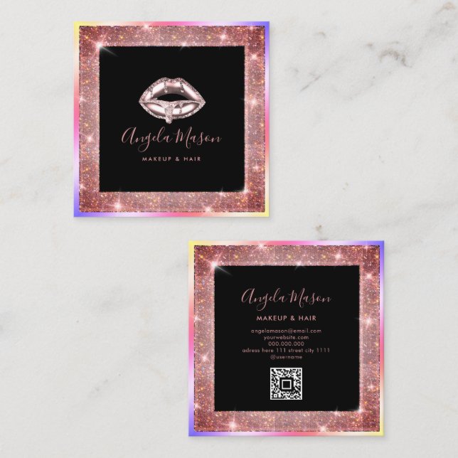 Makeup Artist Chic Salon QR Code Unique Square Bus Business Card (Front/Back)