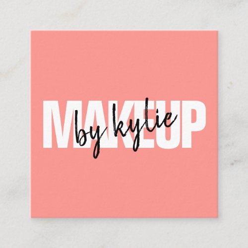 Makeup artist chic signature script coral red square business card