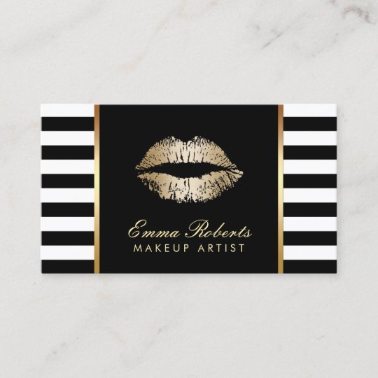 Makeup Artist Classy Black White Stripes Gold Lips Business Card