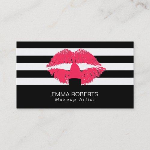 Makeup Artist Classy Black White Stripes Red Lips Business Card
