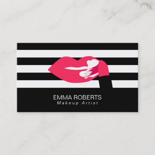Makeup Artist Classy Modern Stripes Red Lips Business Card