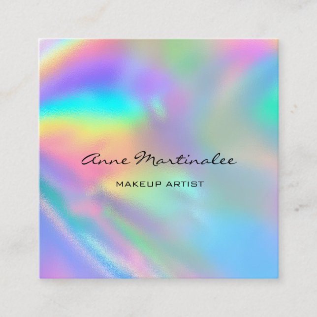 Makeup Artist Colorful Holographic Glam Square Business Card (Front)