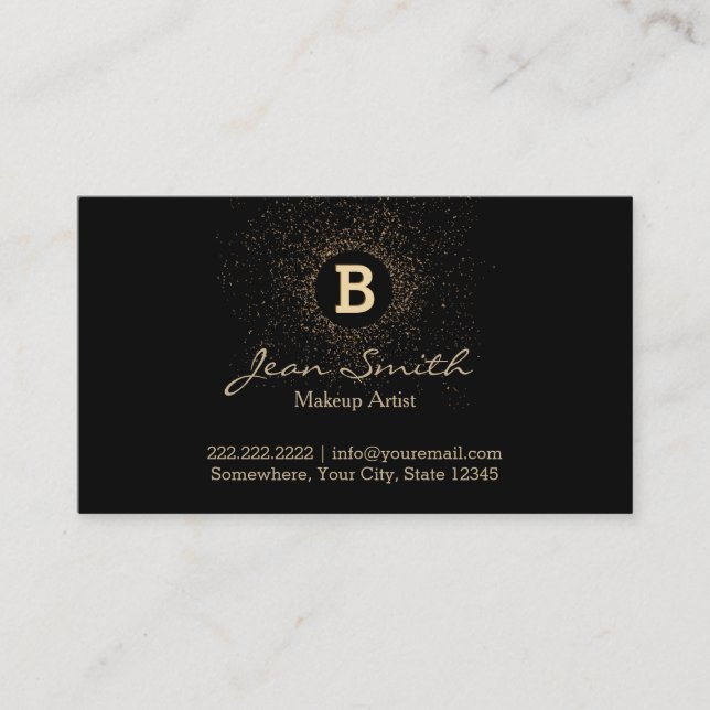 Makeup Artist Confetti Gold Monogram Modern Business Card (Front)