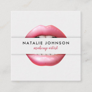 Makeup artist cool 3d pink lips modern gray beauty square business card