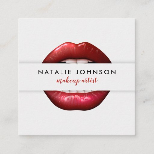 Customizable Makeup artist cool 3d red lips modern gray beauty square business card