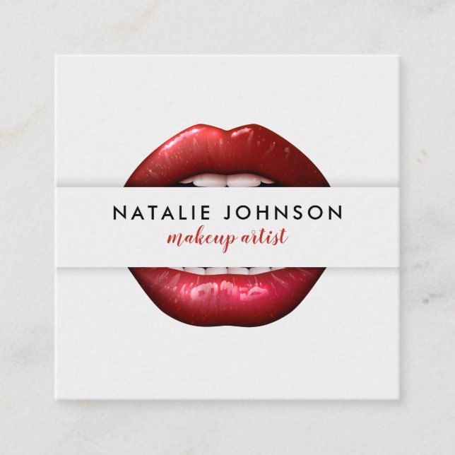 Makeup artist cool 3d red lips modern gray beauty square business card (Front)