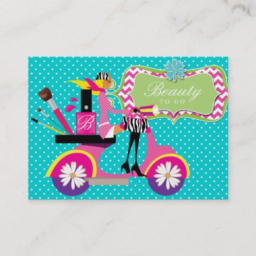 Makeup Artist Cosmetologist Scooter Girl Dots 2 Business Card Template