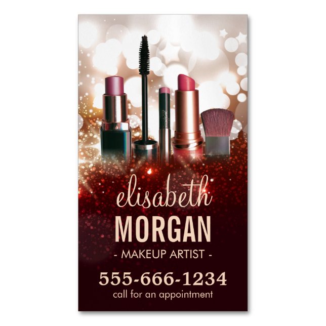Makeup Artist Cosmetologist Shiny Glitter Sparkle Business Card Magnet (Front Vertical)