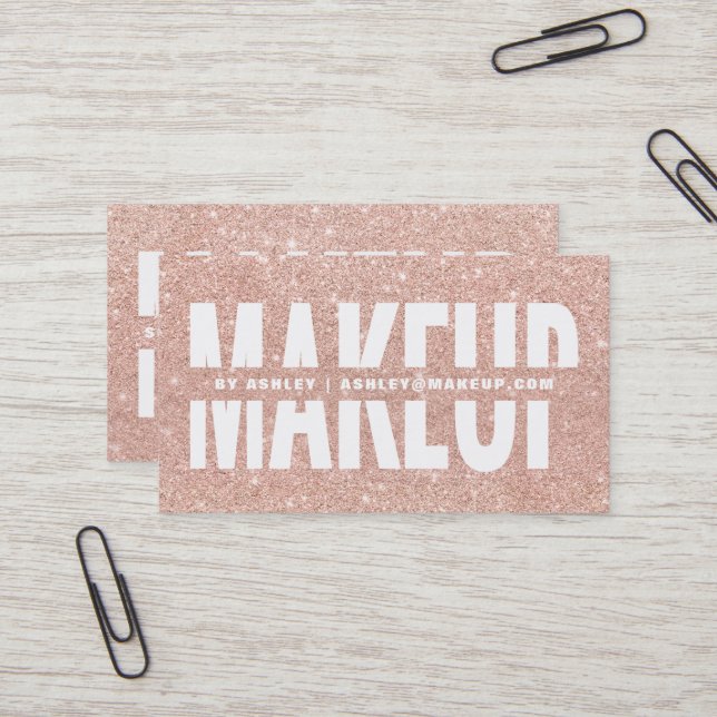 Makeup artist cut out typography rose gold glitter business card (Front/Back In Situ)