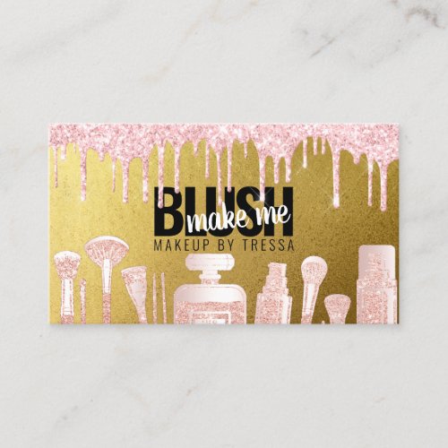 Makeup Artist Dripping Pink Glitter  Antique Gold Business Card