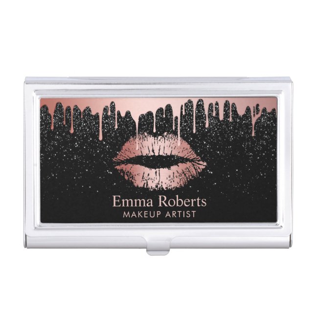 Makeup Artist Dripping Rose Gold Lips Glitter Case For Business Cards (Front)