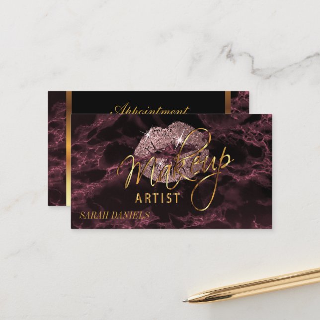 Makeup Artist Dusty Rose and Black Appointment Card (Front/Back In Situ)