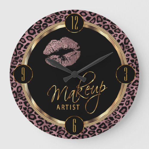 Makeup Artist Dusty Rose Lips with Leopard Print Large Clock