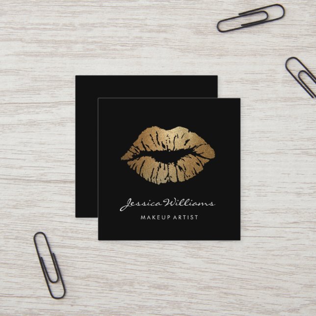 Makeup Artist Elegant Gold Lips Square Business Card (Front/Back In Situ)