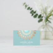 Makeup Artist Elegant Gold Ornate Motif Turquoise Business Card (Standing Front)