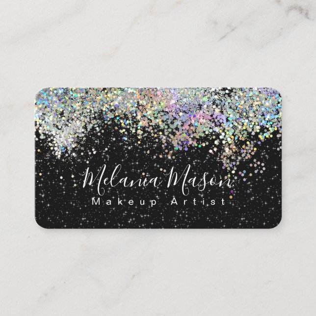 Makeup Artist Elegant Holographyc Glitter Black Business Card (Front)