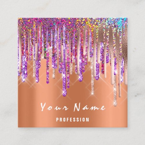 Makeup Artist Event Holograph Rainbow Drips Coral Square Business Card