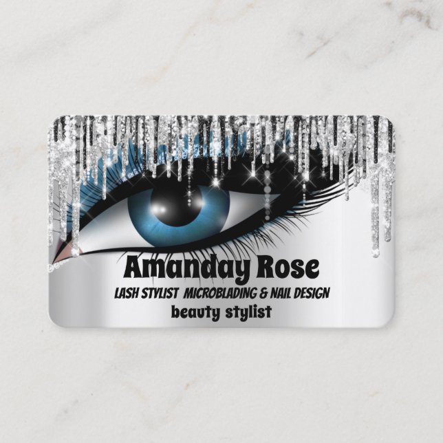 Makeup Artist Eyebrows Lashes Silver Drips Business Card (Front)