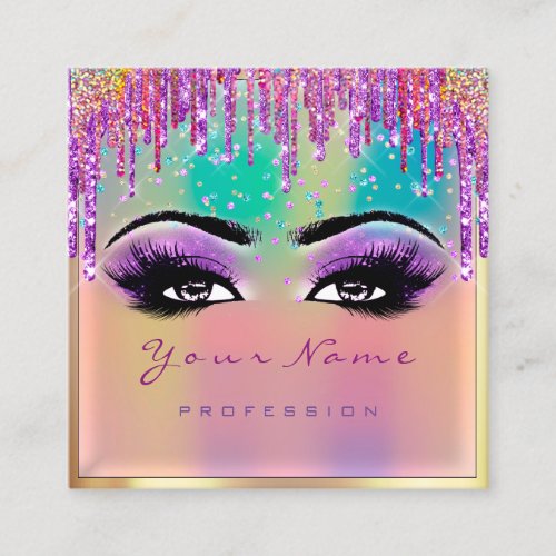 Makeup Artist Eyelash  Brows Holograph Drip Pink Square Business Card