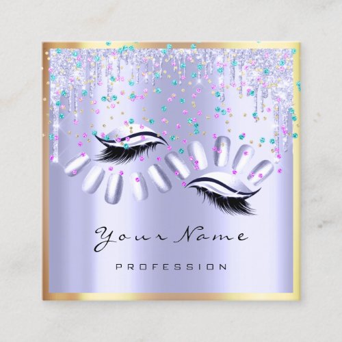 Makeup Artist Eyelash Confetti Glitter Purple Nail Square Business Card