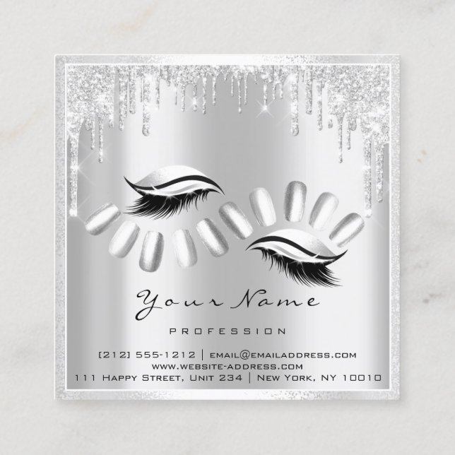 Makeup Artist Eyelash Extension Gray Drips Nails Square Business Card (Back)
