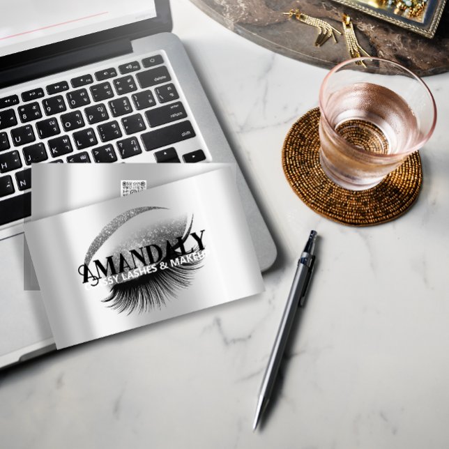 Makeup Artist Eyelash Extensions QR LOGO Silver Business Card (Makeup Artist Eyelash Extensions QR LOGO Silver Business Card)