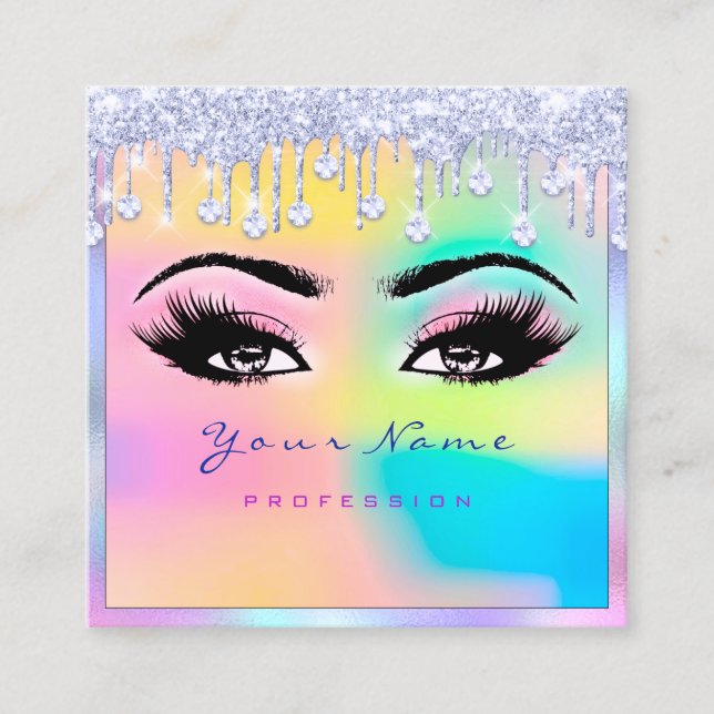 Makeup Artist Eyelash Holograph Pink Blue Drips Square Business Card (Front)