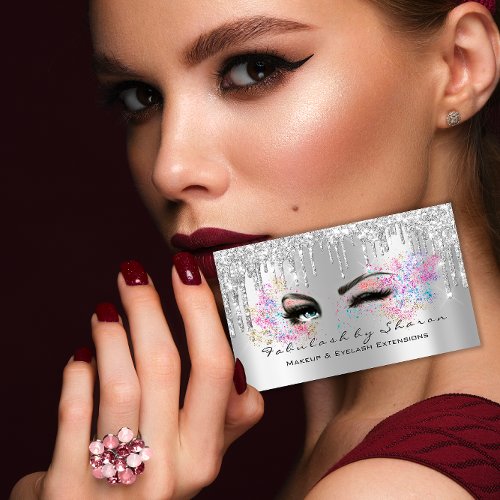Makeup Artist Eyelash Lashes Glitter Drips Silver Business Card